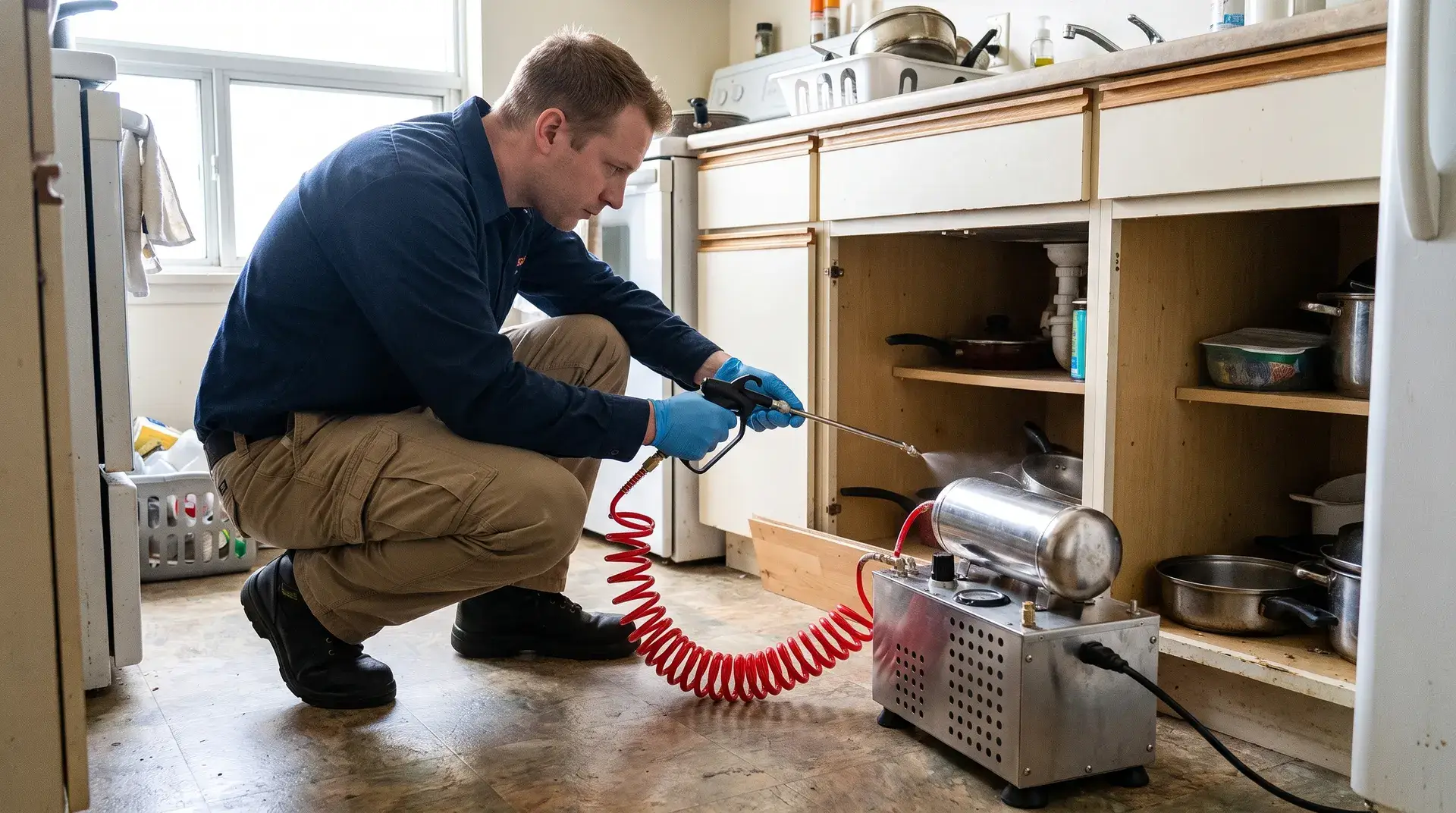 Uniformed technician using an Actisol Compact Unit to treat kitchen cabinet voids in a GTA home