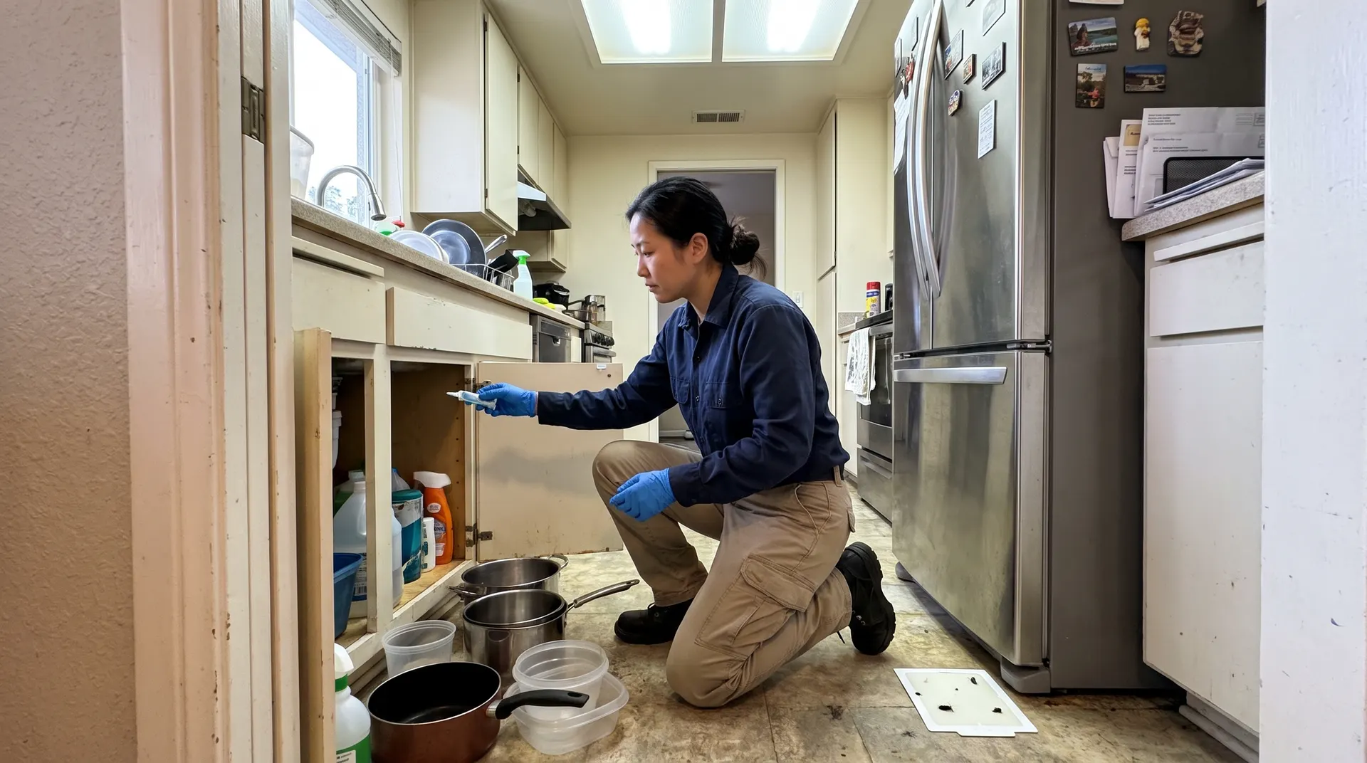 Pest control technician applying cockroach gel bait in a prepared GTA kitchen