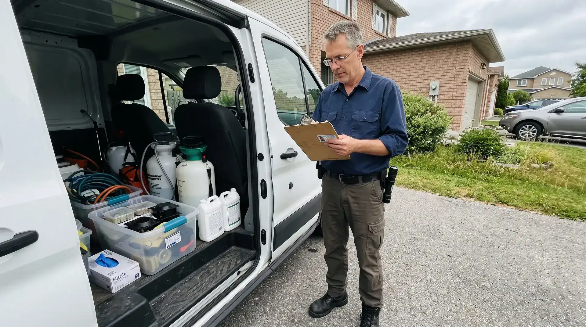 Licensed Ontario pest control technician checking credentials beside a service van