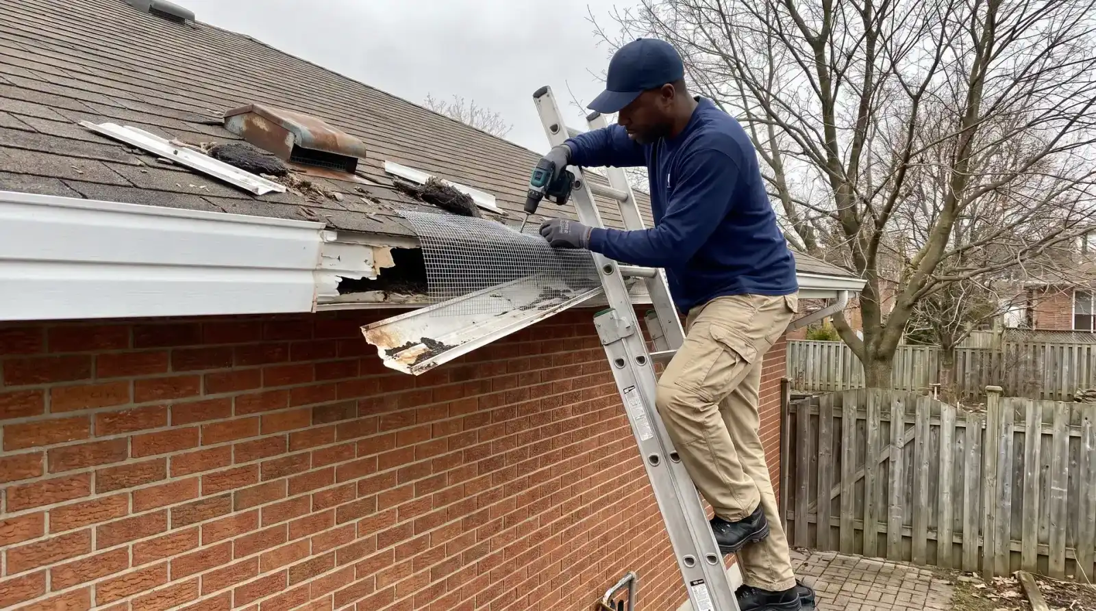 Wildlife technician installing exclusion mesh on a damaged soffit of an Ontario house