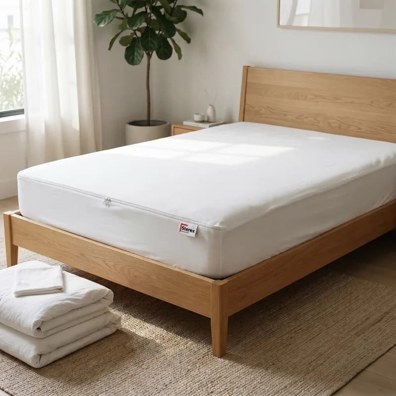 Bed bug mattress cover installed on a bed