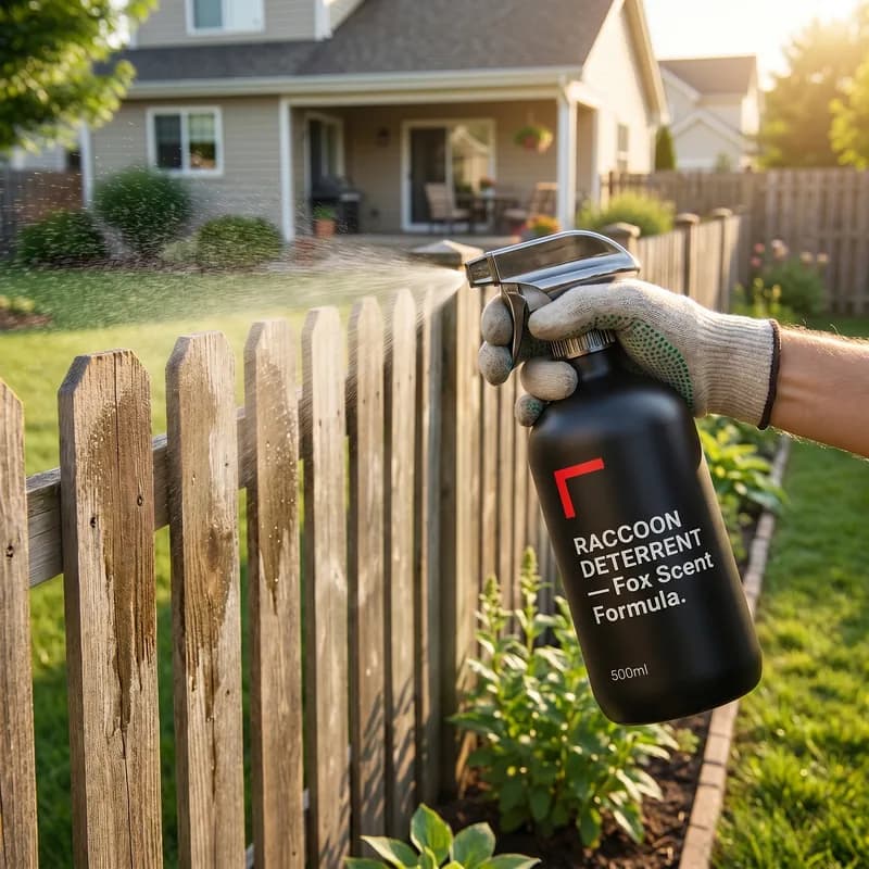 Raccoon deterrent spray applied around a deck entry point