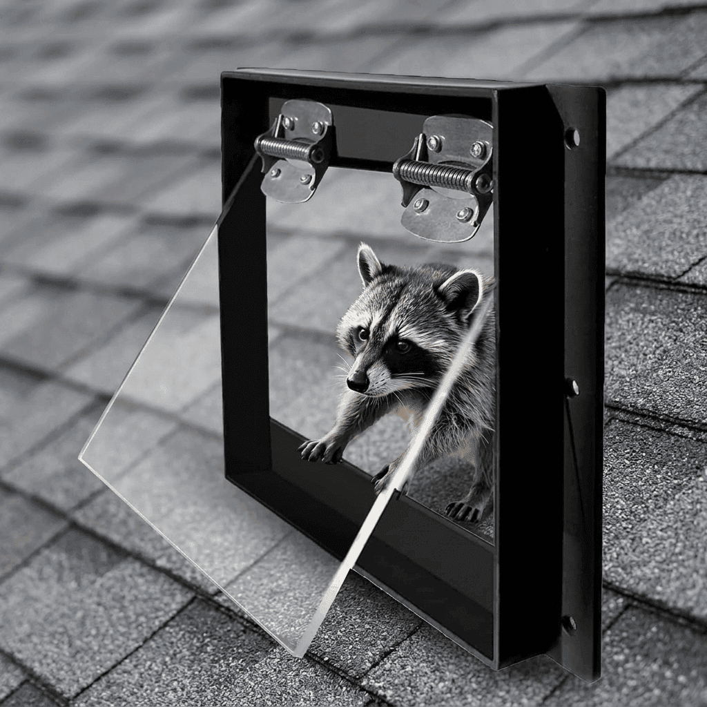 Raccoon using a one-way exclusion door