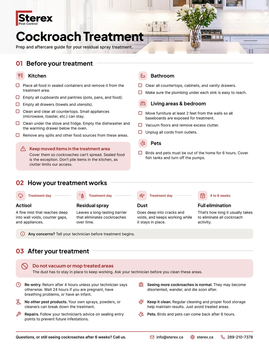 Preview of the Sterex cockroach treatment prep sheet