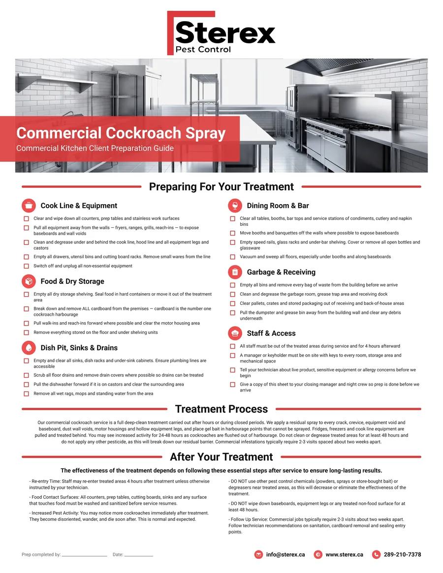 Preview of the Sterex commercial kitchen cockroach treatment prep sheet