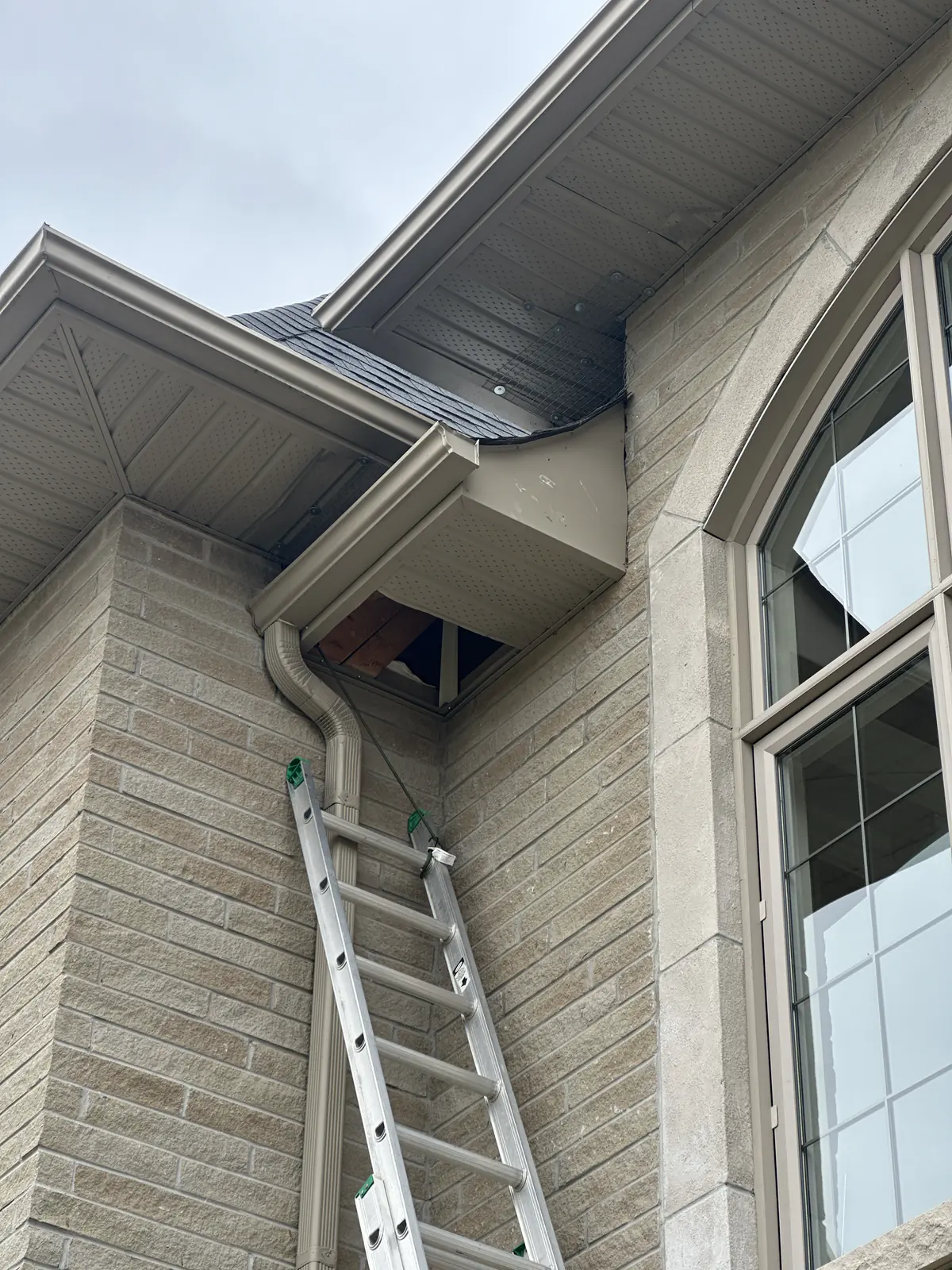 Extension ladder positioned below an open soffit cavity